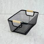 Rectangular Mesh Metal Storage Fruit Basket With Wood Handle