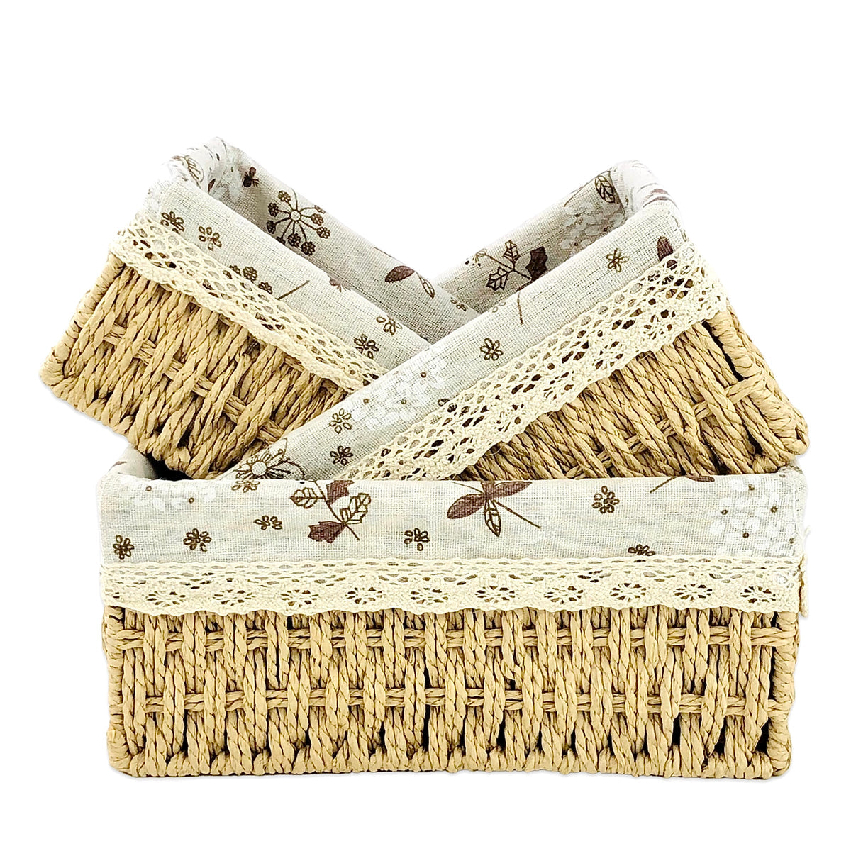 Rectangular Cloth Covered Braided Basket | Vanity Basket | Set of 3