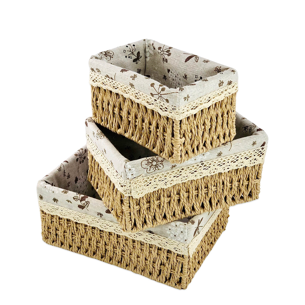 Rectangular Cloth Covered Braided Basket | Vanity Basket | Set of 3
