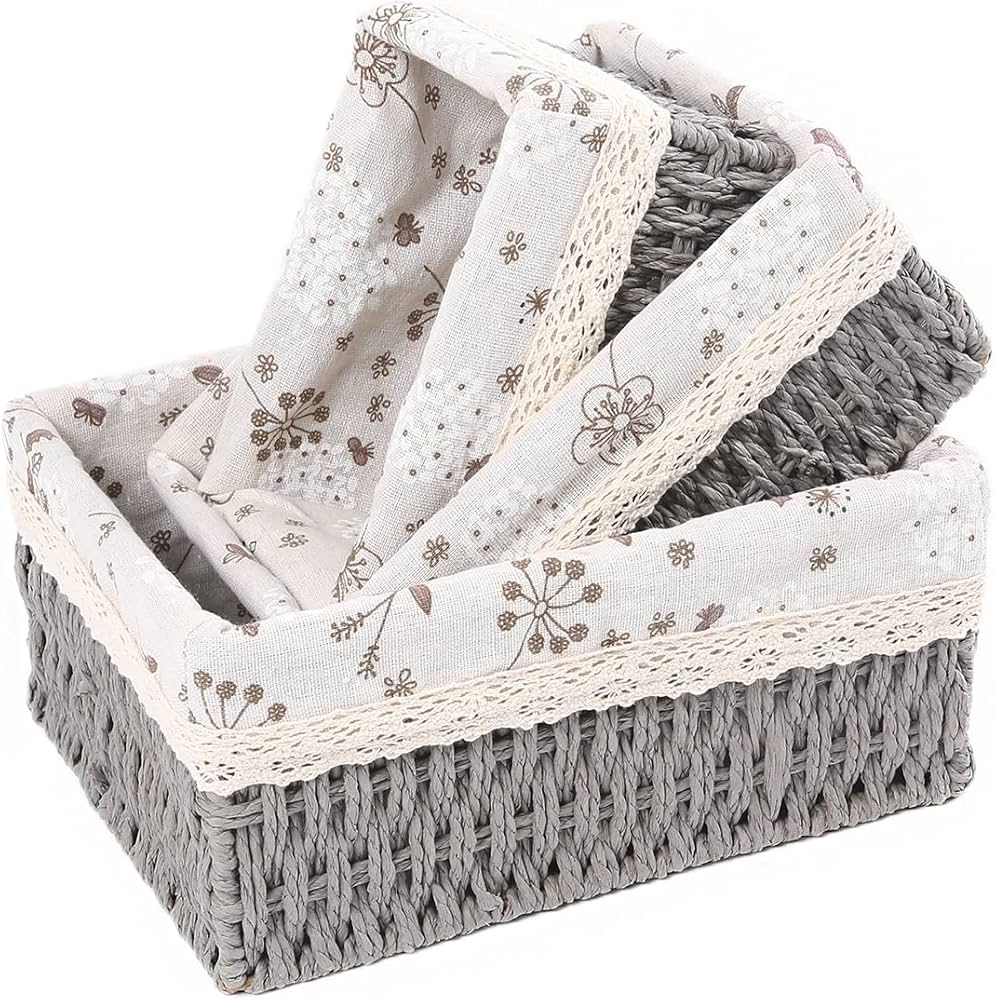 Rectangular Cloth Covered Braided Basket | Vanity Basket | Set of 3