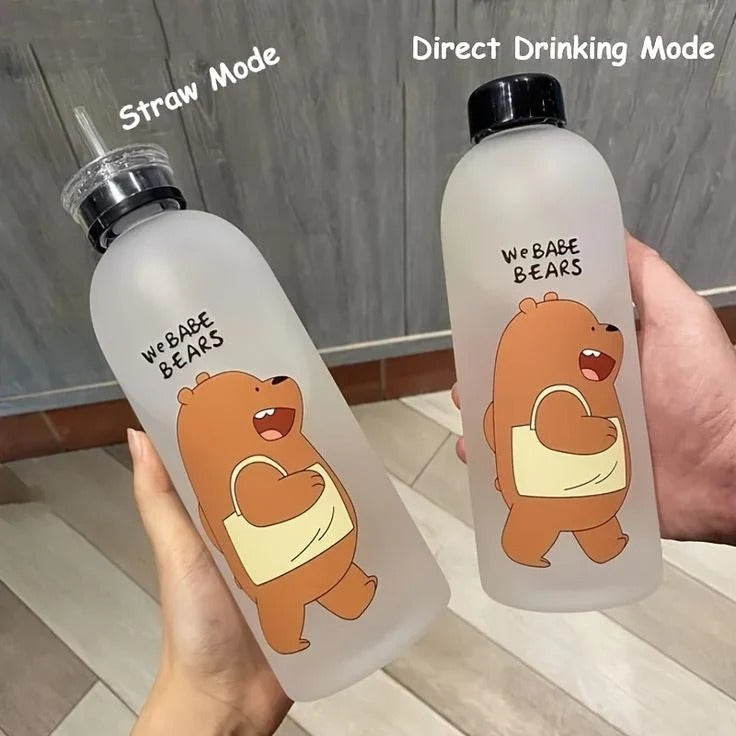 2-in-1 ‘We Babe Bears’ Frosted Plastic Water Bottle with Cap & Straw – 1000ml