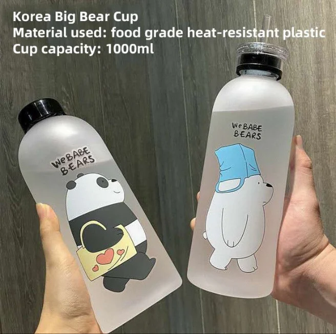 2-in-1 ‘We Babe Bears’ Frosted Plastic Water Bottle with Cap & Straw – 1000ml