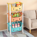 3-tier kids storage rack with colorful bins and wheels for toys and books