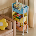 3-tier kids storage rack with colorful bins and wheels for toys and books