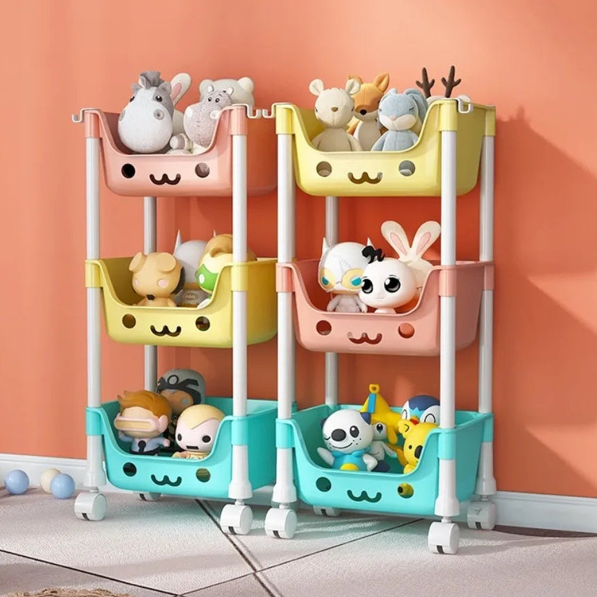 3-tier kids storage rack with colorful bins and wheels for toys and books