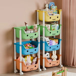 3-tier kids storage rack with colorful bins and wheels for toys and books