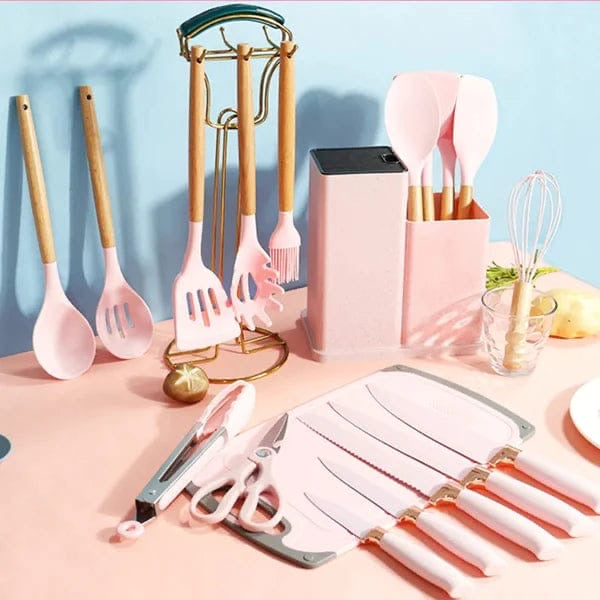 19-Pcs Kitchen Cooking Utensils & Knife Set with Block Holder & Cutting Board