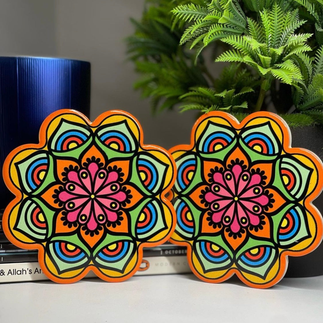 Clover Design Coloured Pattern Drink Coasters With Thin Cork Bottom | Set of 2