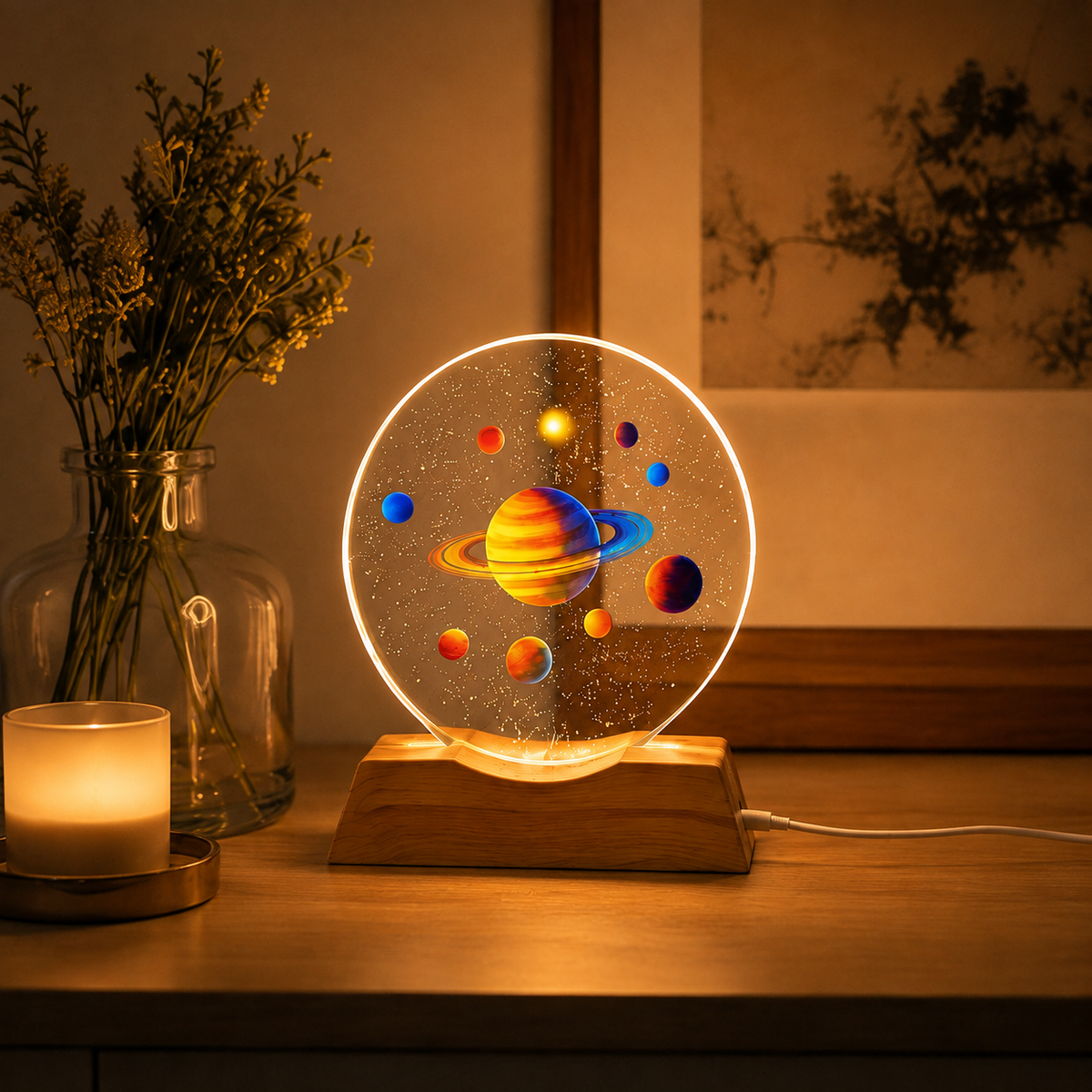 3D solar system crystal ballsolar system night lampcrystal ball night lampplanet lampUSB powered night lampsolar system lampcrystal planet lampbedroom night lampspace themed lampsolar system lamp Pakistan3D Solar System Crystal Ball Night Lamp with illuminated planet design, wooden base and USB power for bedroom and home décor.