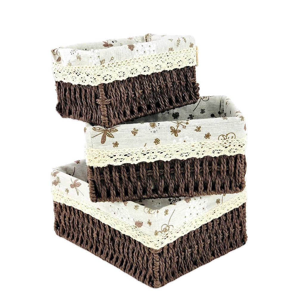 Rectangular Cloth Covered Braided Basket | Vanity Basket | Set of 3
