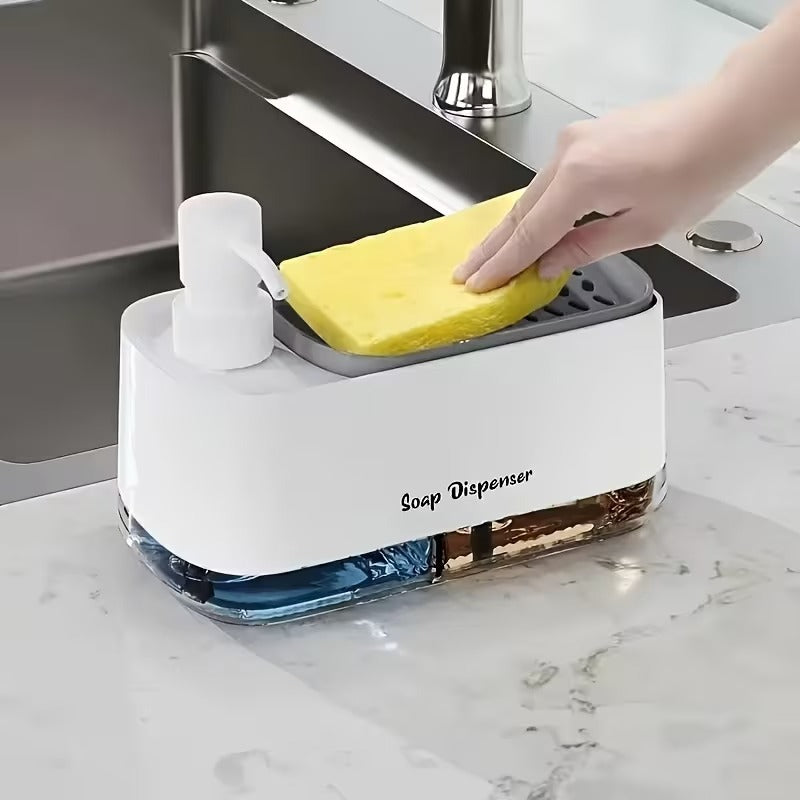 4-in-1 hand and dish soap dispenser set with sponge holder in whiteDual liquid soap dispenser for kitchen sink countertopDish soap dispenser with sponge included for kitchen useWhite kitchen soap dispenser set with storage holderModern soap dispenser for bathroom and kitchen countertops