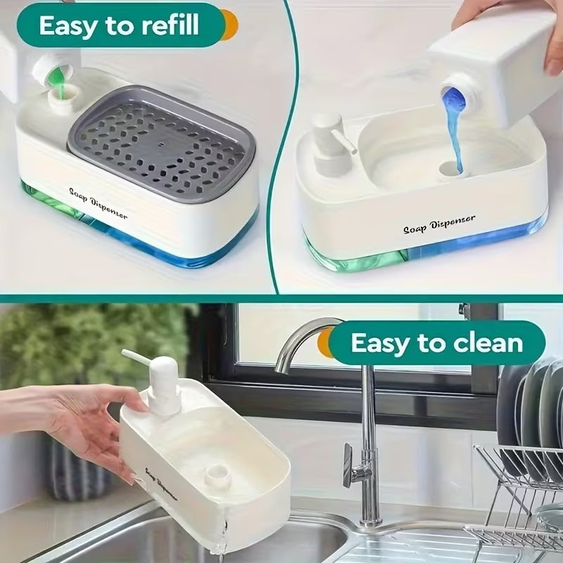 4-in-1 hand and dish soap dispenser set with sponge holder in whiteDual liquid soap dispenser for kitchen sink countertopDish soap dispenser with sponge included for kitchen useWhite kitchen soap dispenser set with storage holderModern soap dispenser for bathroom and kitchen countertops