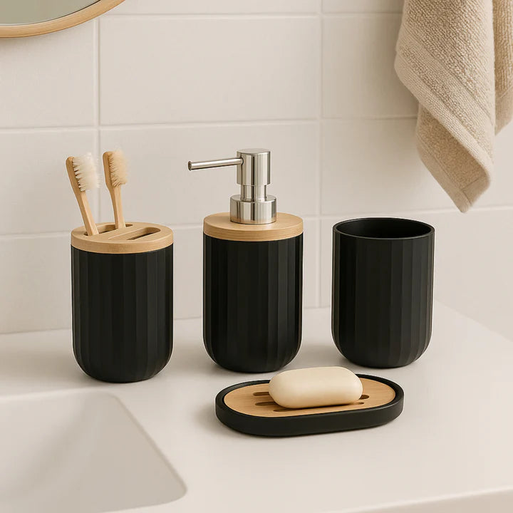 4pcs - Natural Bamboo Lids Bathroom Accessory Set | Bath Set
