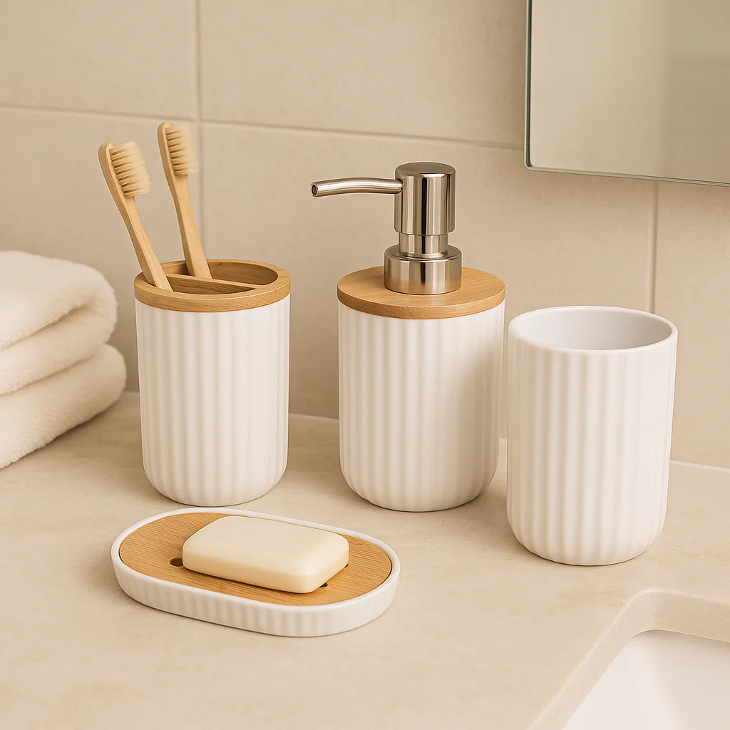4pcs - Natural Bamboo Lids Bathroom Accessory Set | Bath Set