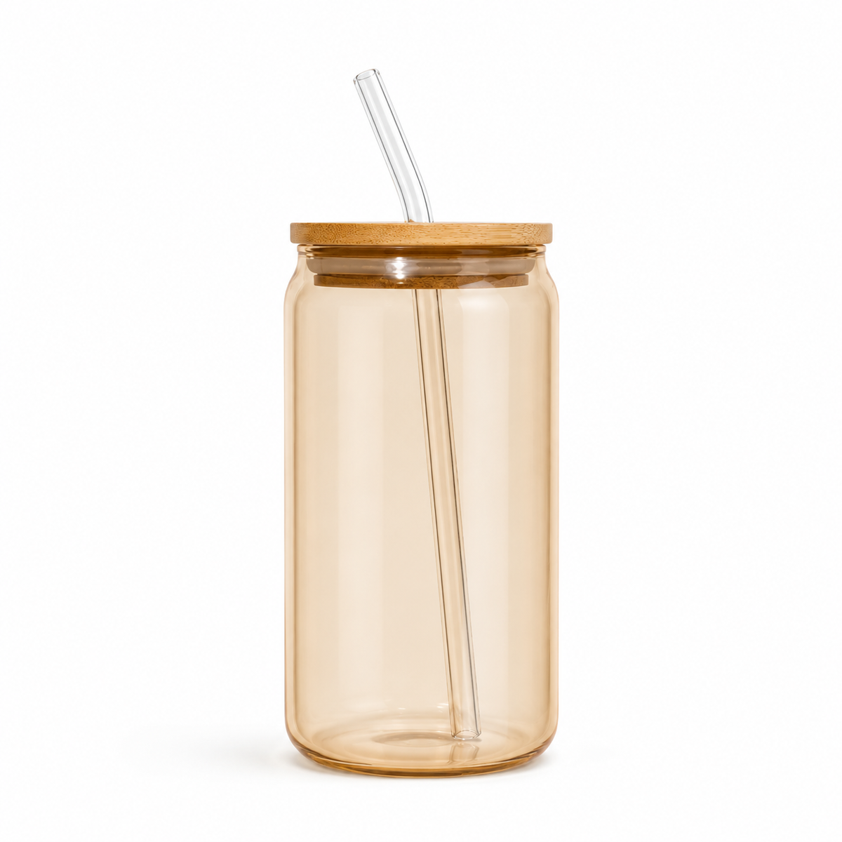 550ml brown glass tumbler with wooden lid and reusable glass straw for iced coffee, juice, smoothies, water and cold beverages.