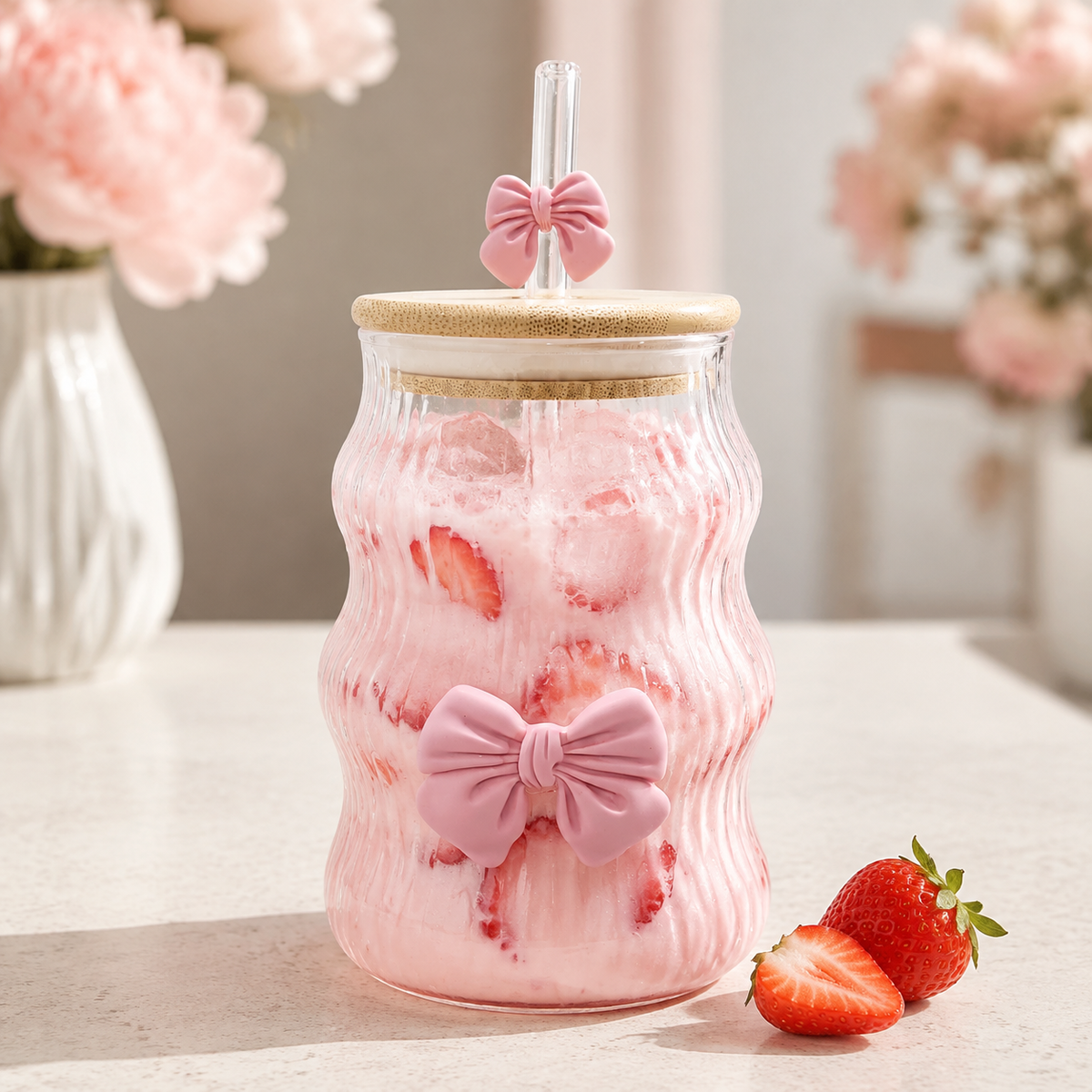 550ml ribbed bow glass tumbler with wooden lid and reusable glass straw for iced coffee, juice, smoothies and cold beverages.