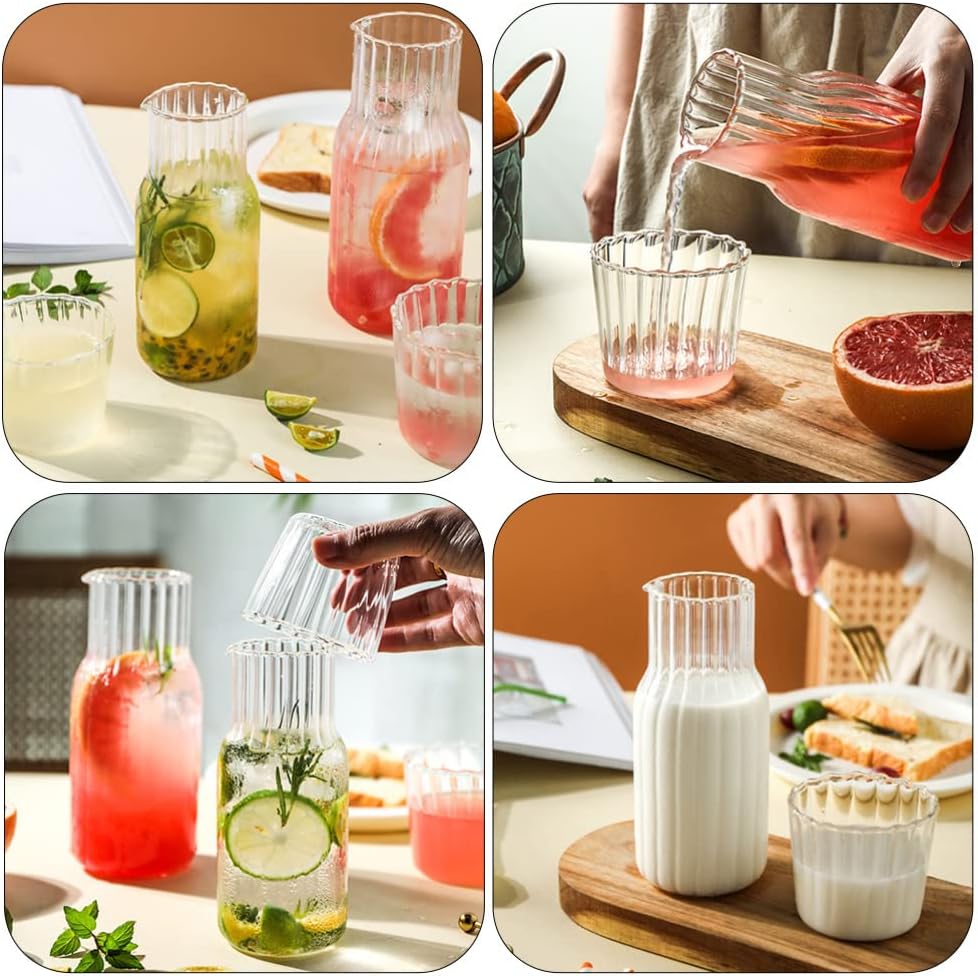 Ribbed glass bedside water carafe and tumbler set 600ml by Home Hatch – elegant nightstand carafe with cup lid