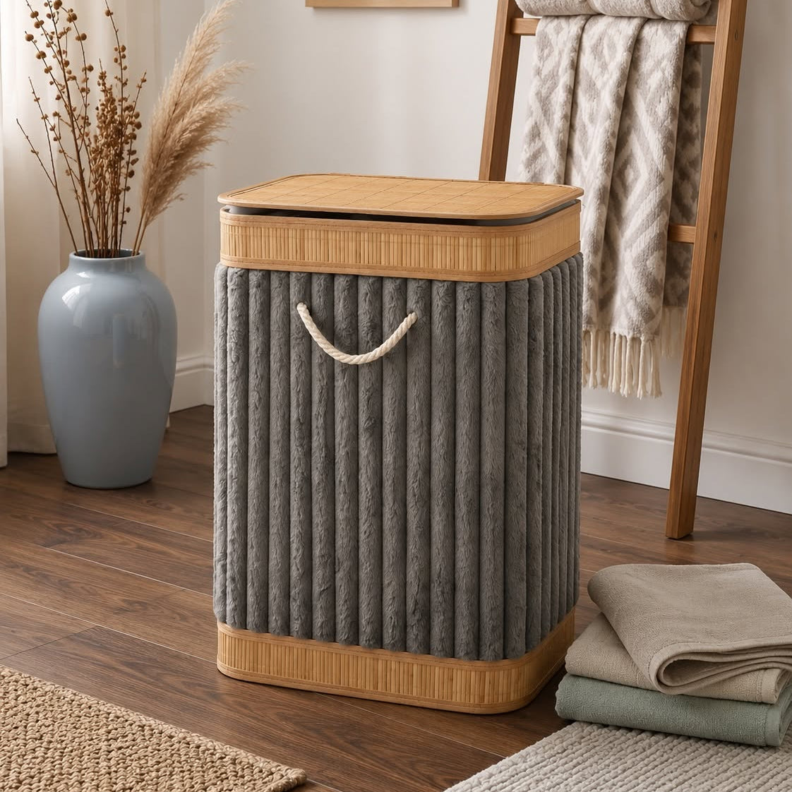 Grey velvet laundry basket with bamboo frame and lid, foldable clothes storage hamper for bedroom, bathroom, and laundry room organization.