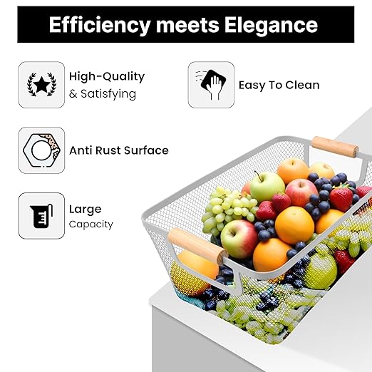 Rectangular Mesh Metal Storage Fruit Basket With Wood Handle