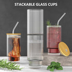 Lined Slim Bottom Transparent Glass Tumbler with Bamboo Lid And Glass Straw