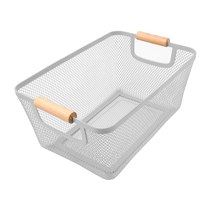 Rectangular Mesh Metal Storage Fruit Basket With Wood Handle