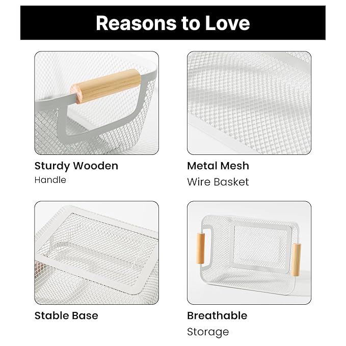 Rectangular Mesh Metal Storage Fruit Basket With Wood Handle