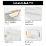 Rectangular Mesh Metal Storage Fruit Basket With Wood Handle