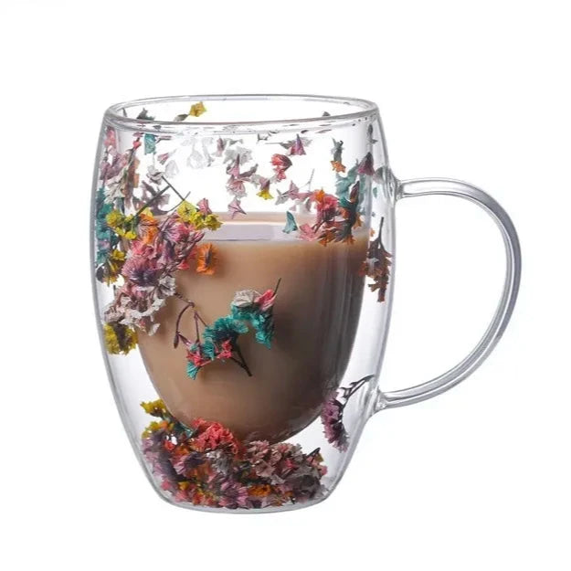 Aesthetic Flowers andFeather InsideDouble Walled Filled Glass Mugs