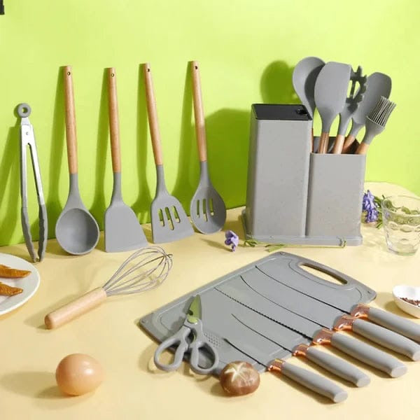 19-Pcs Kitchen Cooking Utensils & Knife Set with Block Holder & Cutting Board