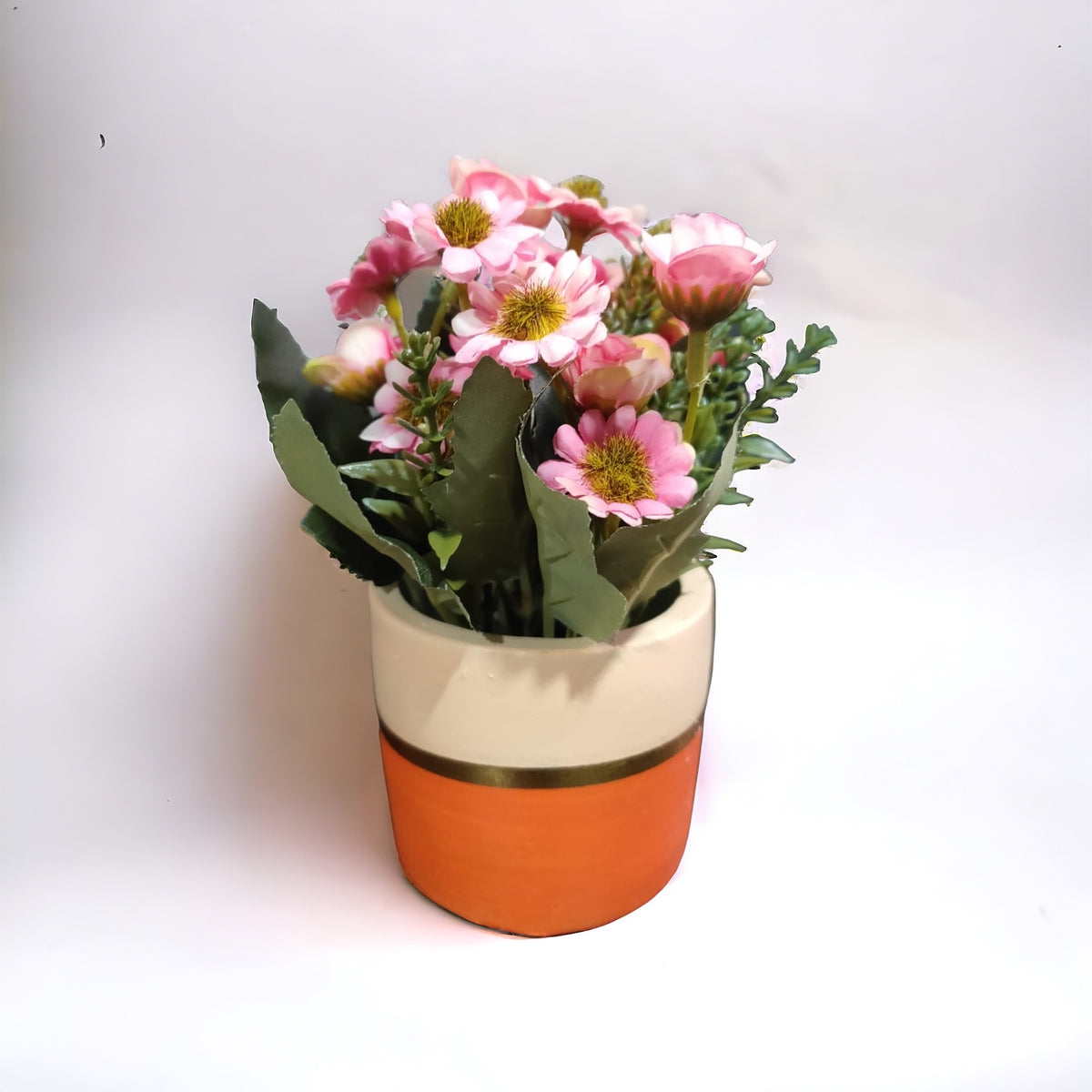 Two-Color Cemented Flower Pot with Gold Strip Filled With Flowers - Home Hatch