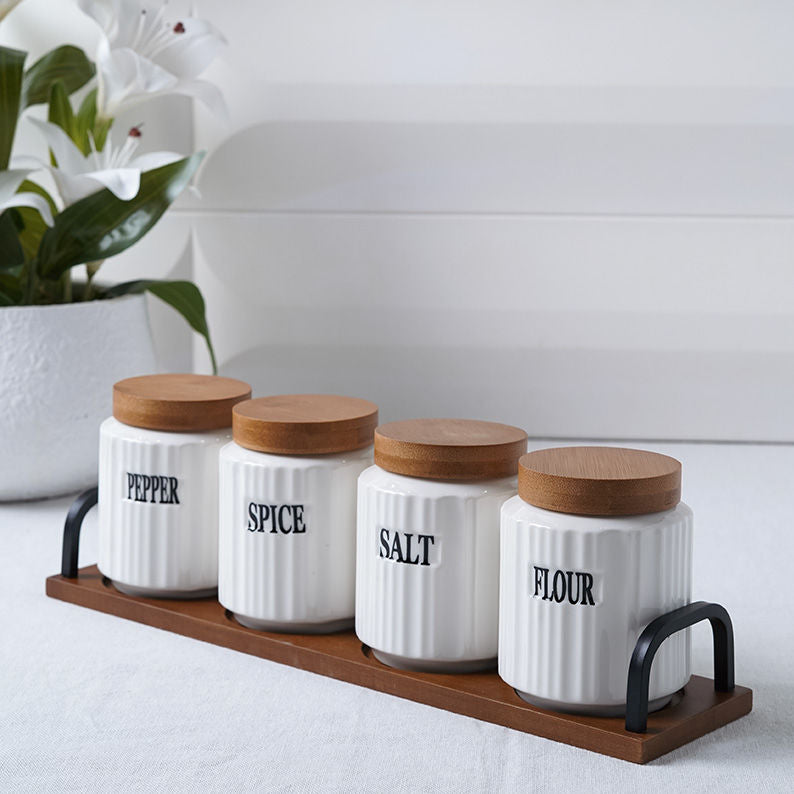 Ceramic Coffee, Sugar, Flour & Tea Canister Set with Wooden Tray