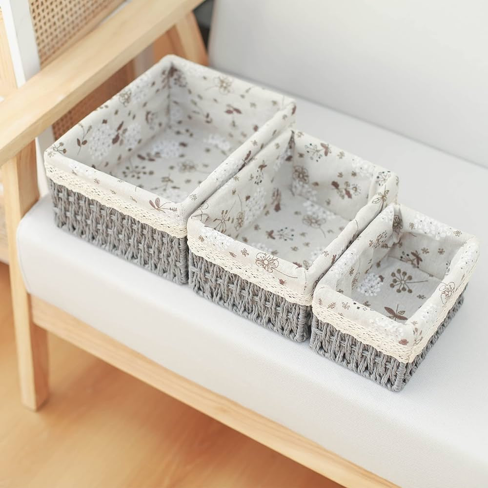 Rectangular Cloth Covered Braided Basket | Vanity Basket | Set of 3