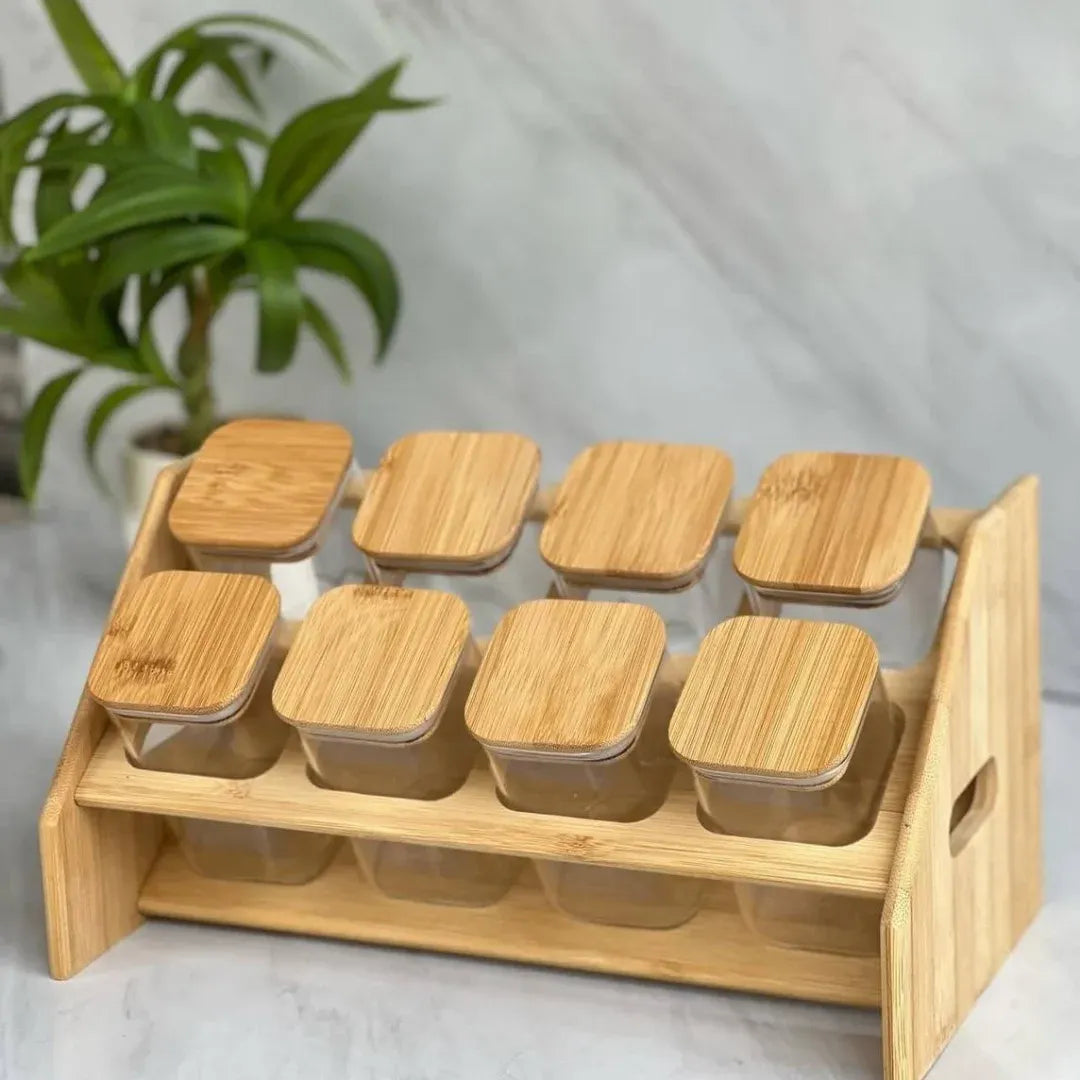 8-Piece Airtight Glass Spice Jar Set with Bamboo Lids & Wooden Rack
