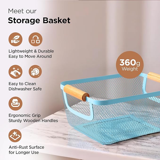 Rectangular Mesh Metal Storage Fruit Basket With Wood Handle