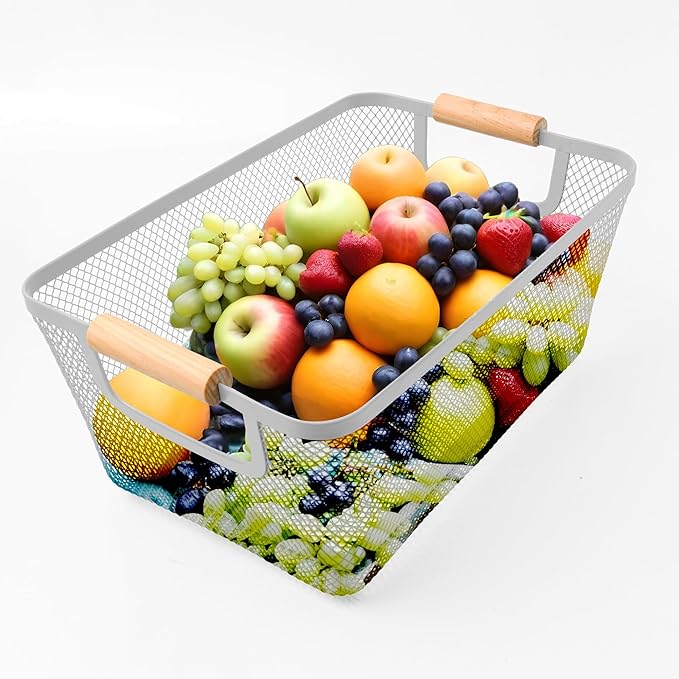 Rectangular Mesh Metal Storage Fruit Basket With Wood Handle