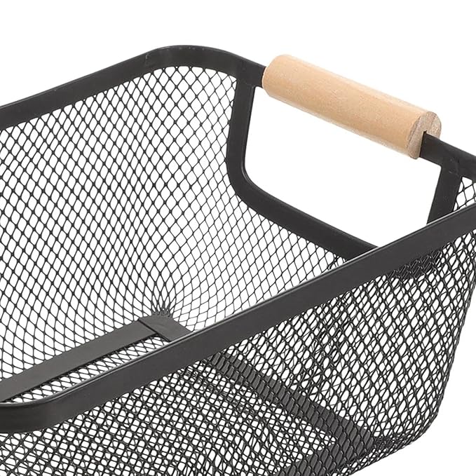 Rectangular Mesh Metal Storage Fruit Basket With Wood Handle