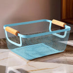 Rectangular Mesh Metal Storage Fruit Basket With Wood Handle