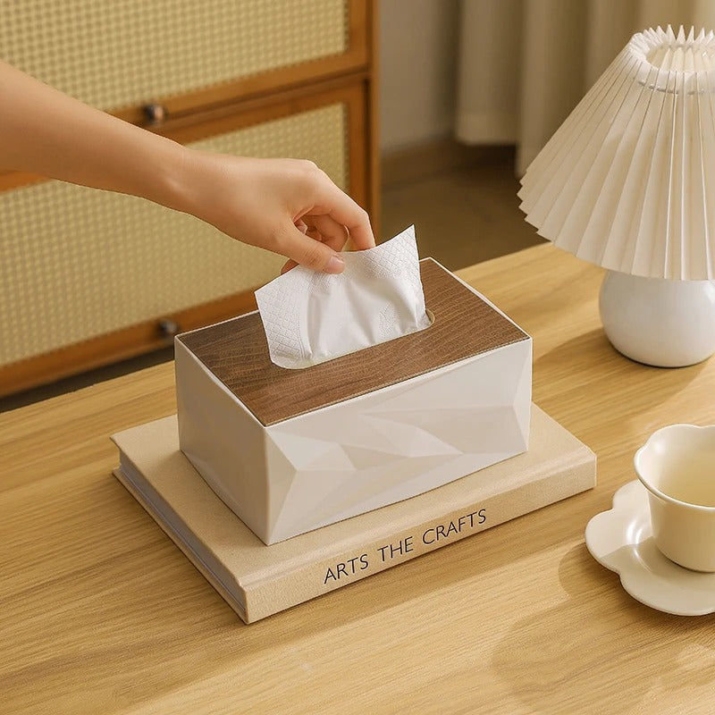 Geometric Textured Tissue Box with Wooden Lid – Luxury Decorative Tissue Holder