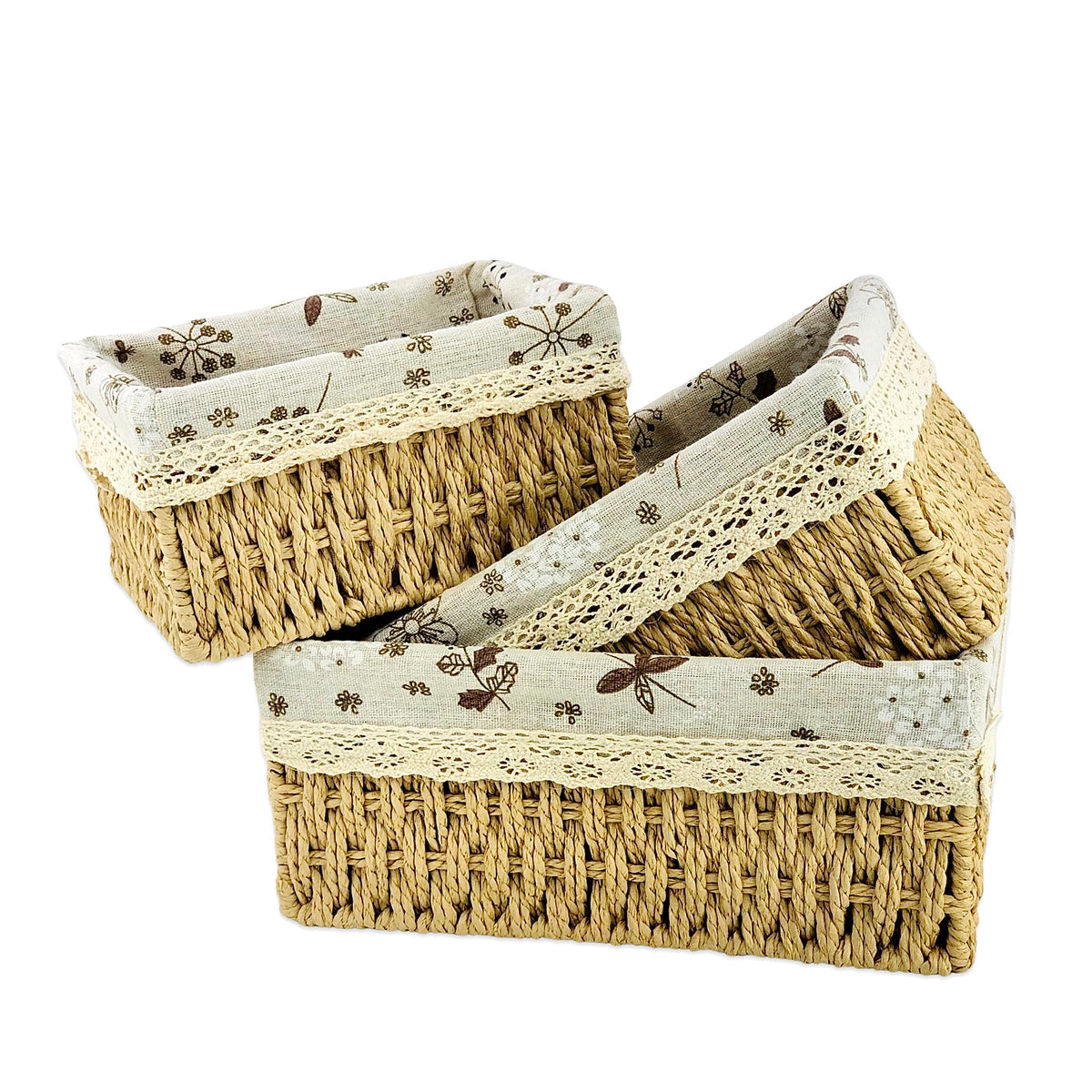 Rectangular Cloth Covered Braided Basket | Vanity Basket | Set of 3