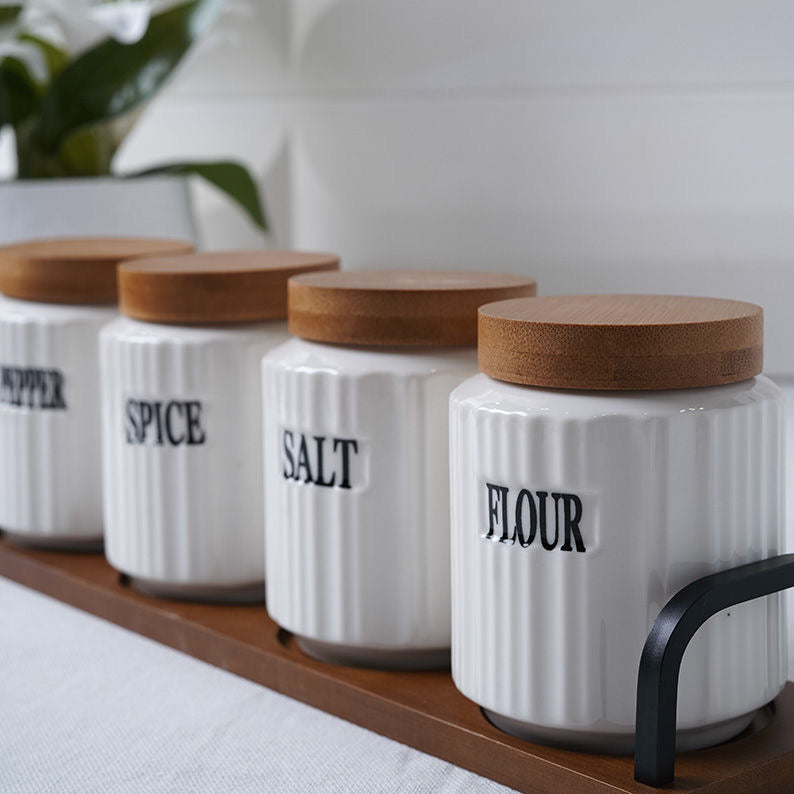 Ceramic Coffee, Sugar, Flour & Tea Canister Set with Wooden Tray