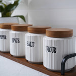 Ceramic Coffee, Sugar, Flour & Tea Canister Set with Wooden Tray