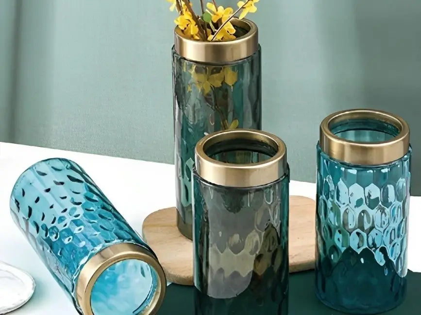 Elegant Aqua Blue Glass Vase with Golden Rim – Timeless Floral Decor