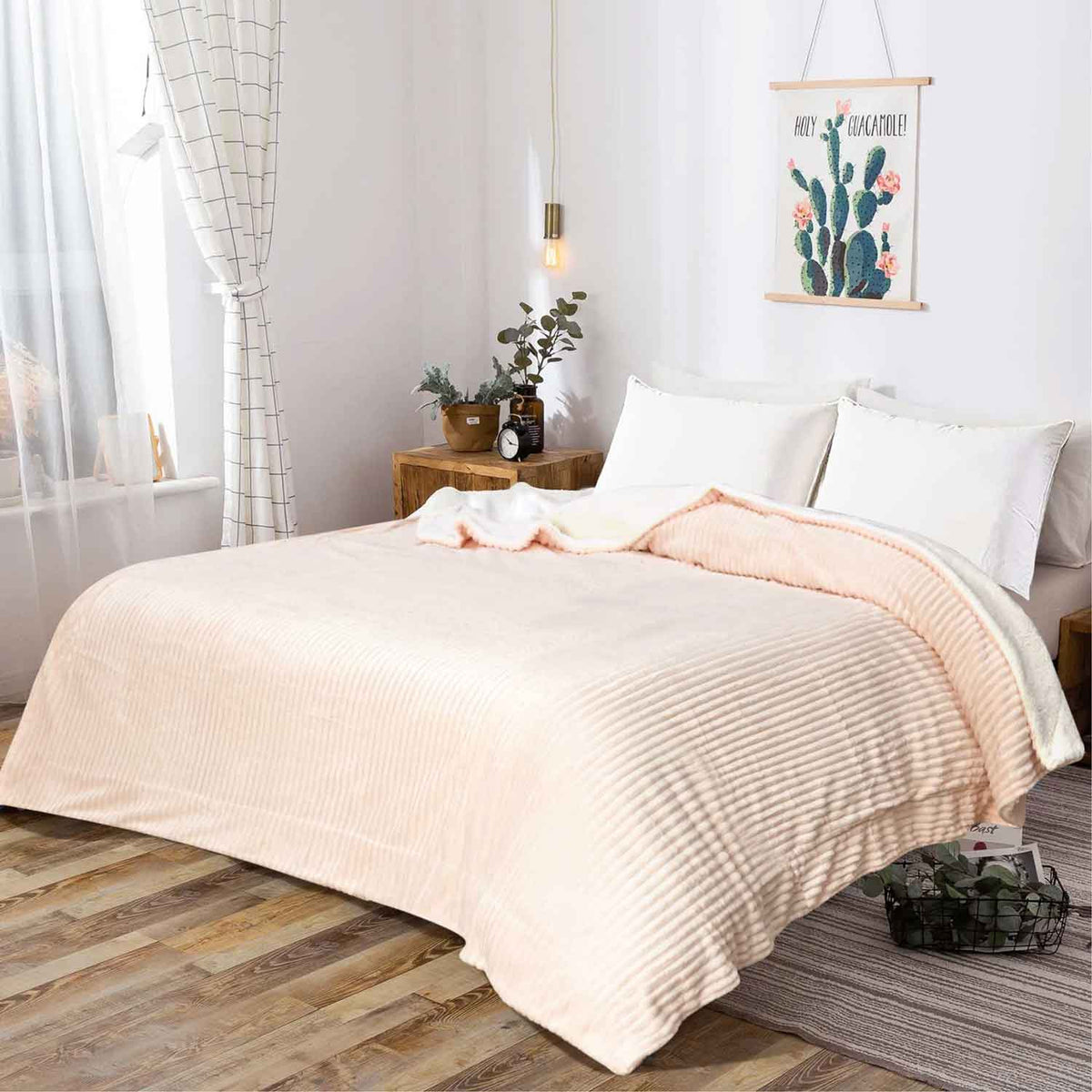Double Layered AC Fleece Sherpa Blanket - Peach - Home Hatch