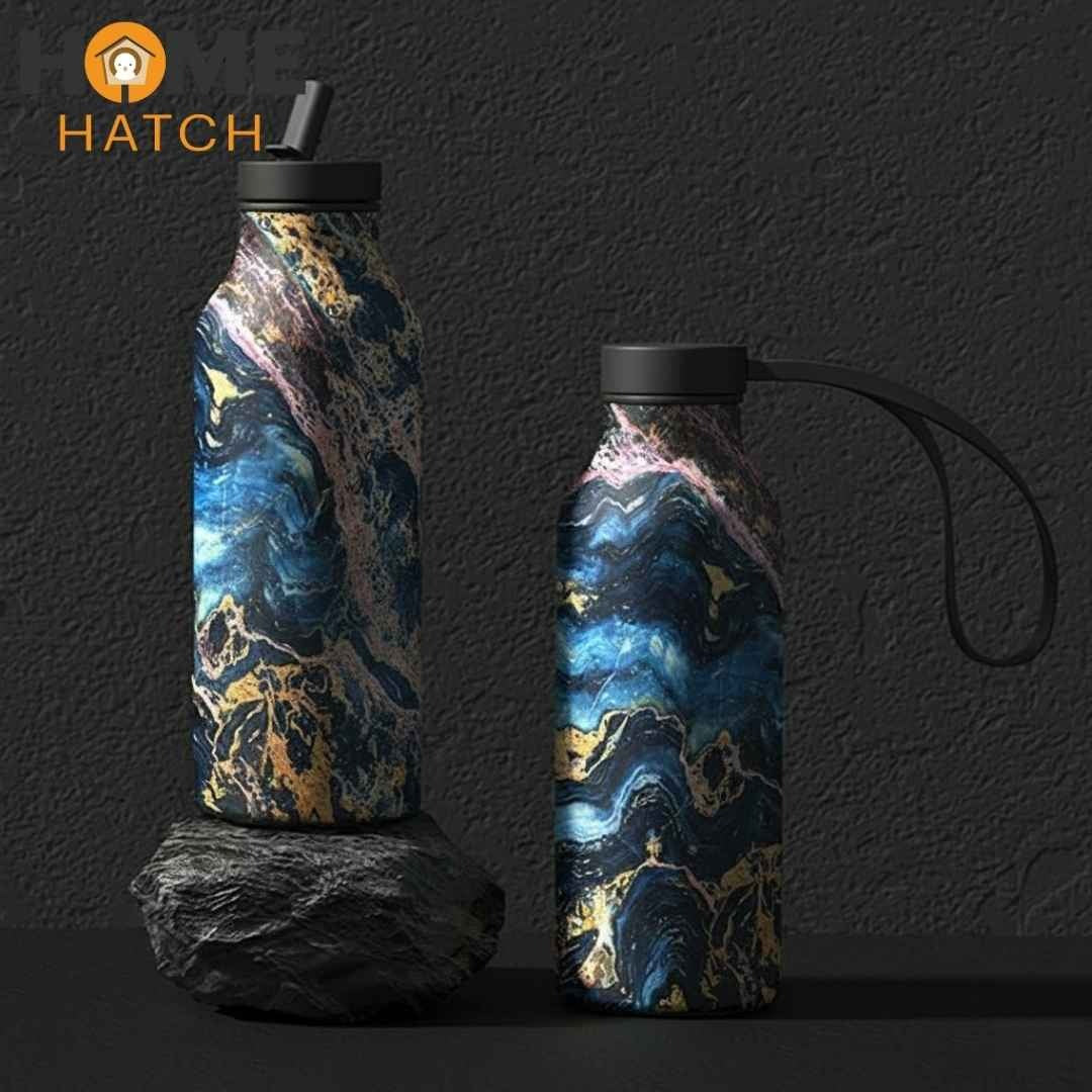 Aurora Marble Dual-Lid Stainless Steel Insulated Bottle – Hot & Cold Leakproof Tumbler – Home Hatch Pakistan”