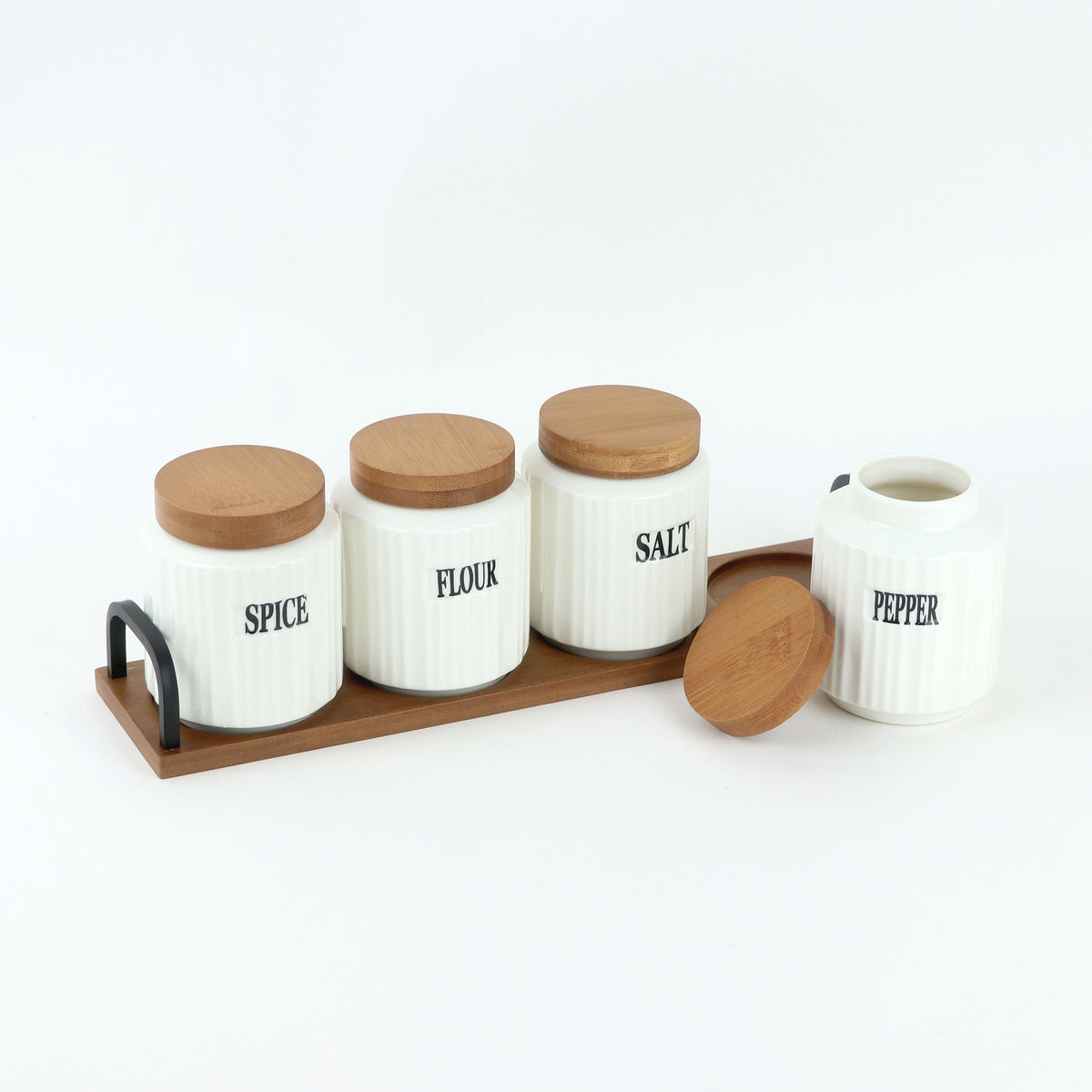 Ceramic Coffee, Sugar, Flour & Tea Canister Set with Wooden Tray
