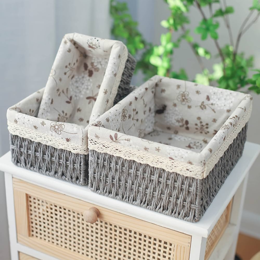 Rectangular Cloth Covered Braided Basket | Vanity Basket | Set of 3