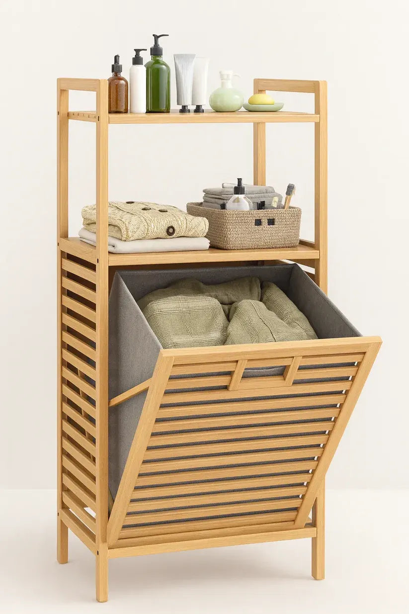 Bamboo Laundry Basket with 2-Tier Storage Shelf – Multi-Purpose Organizer