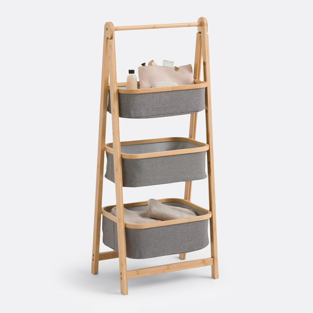 Bamboo Storage Rack with Fabric Baskets – Foldable Home Organizer Shelf for Bathroom