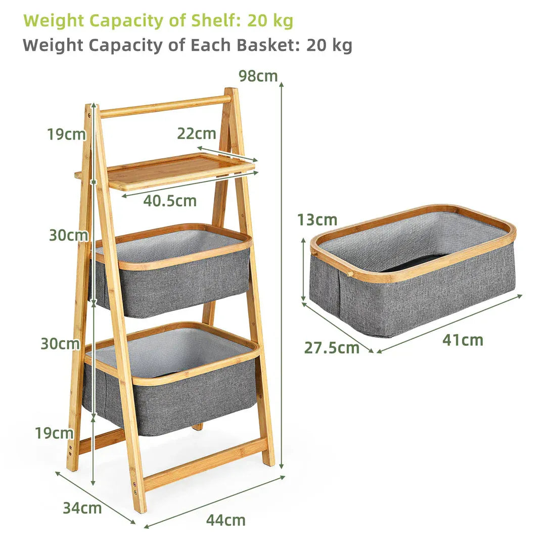 Bamboo 2-tier and 3-tier storage rack with fabric baskets for home organization by Home Hatch