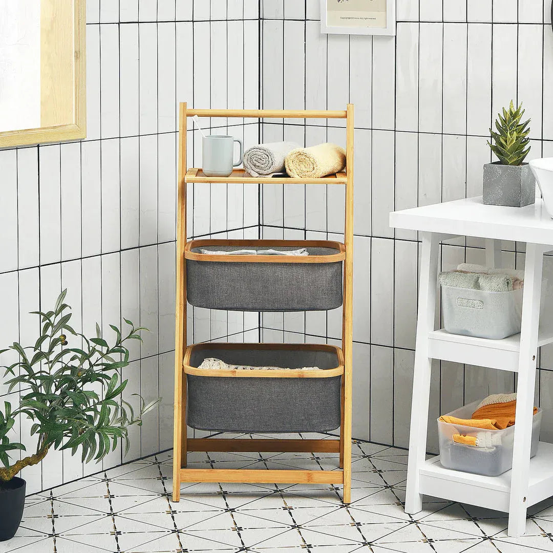 Bamboo 2-tier and 3-tier storage rack with fabric baskets for home organization by Home Hatch